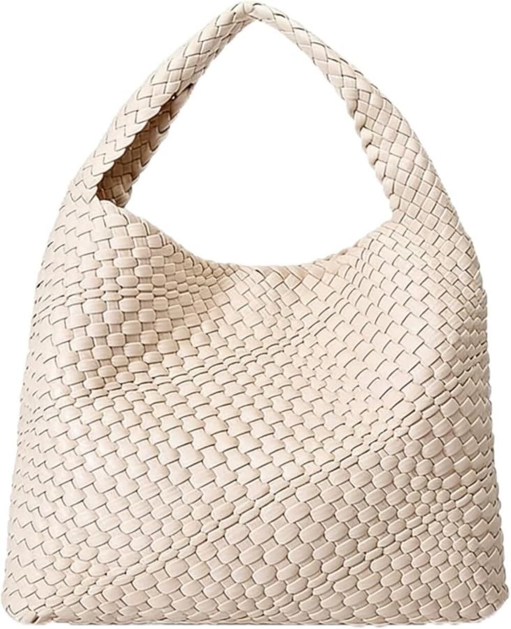Chic Off-White Handwoven Vegan Leather Hobo Bag